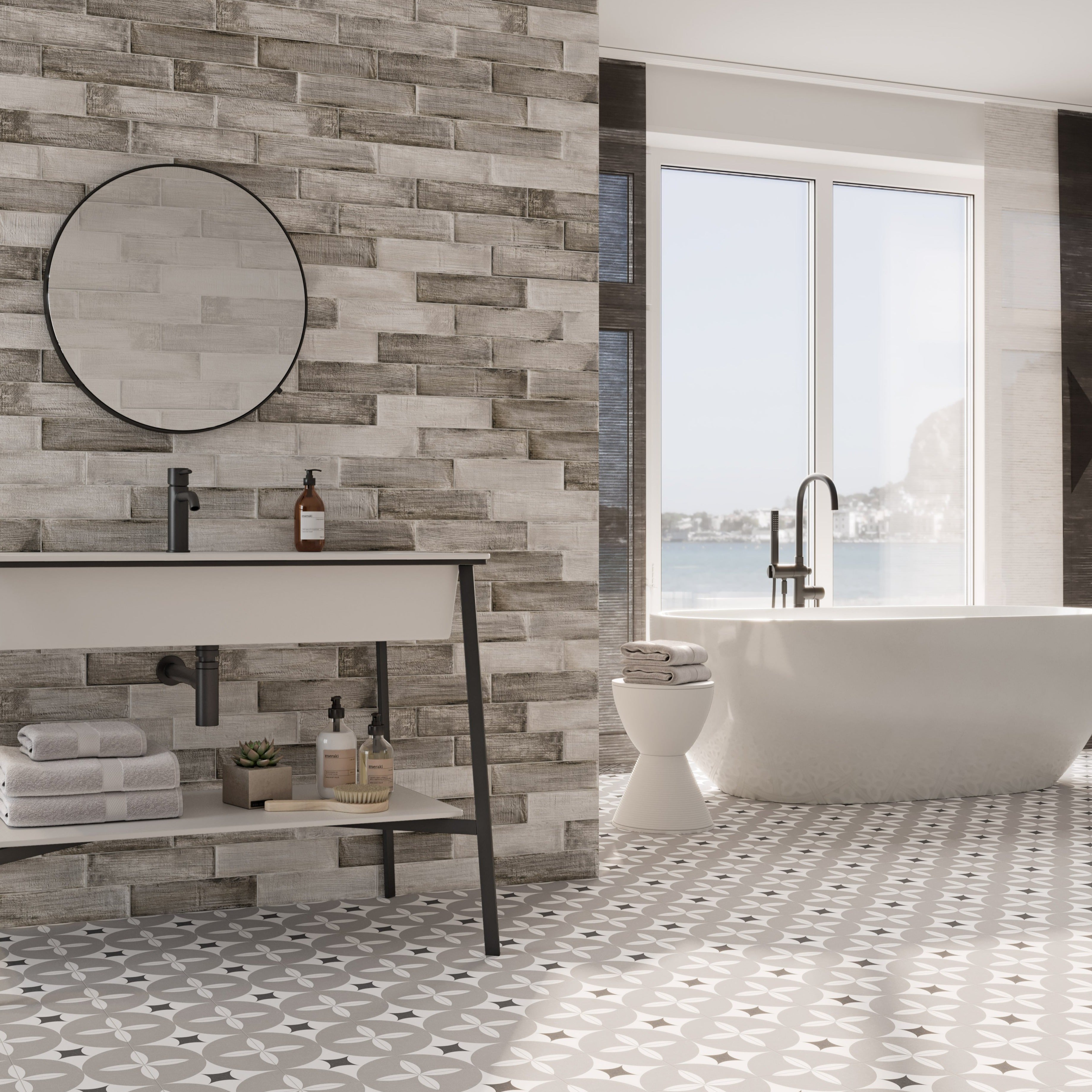 olivia grey tile, ceramic tile, wall and floor tile, pattern tile.