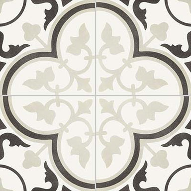 reverie 6 tile, black and white, pattern tile, porcelain tile, wall and floor tile.