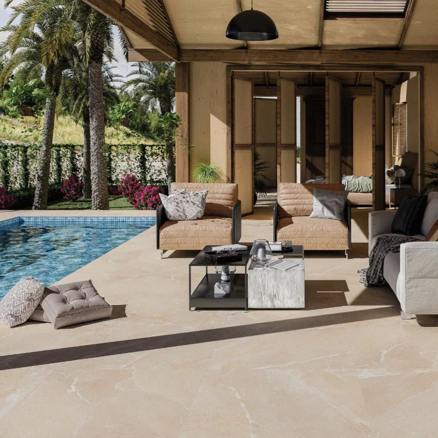 Outdoor patio area with furniture and pool in a residential setting