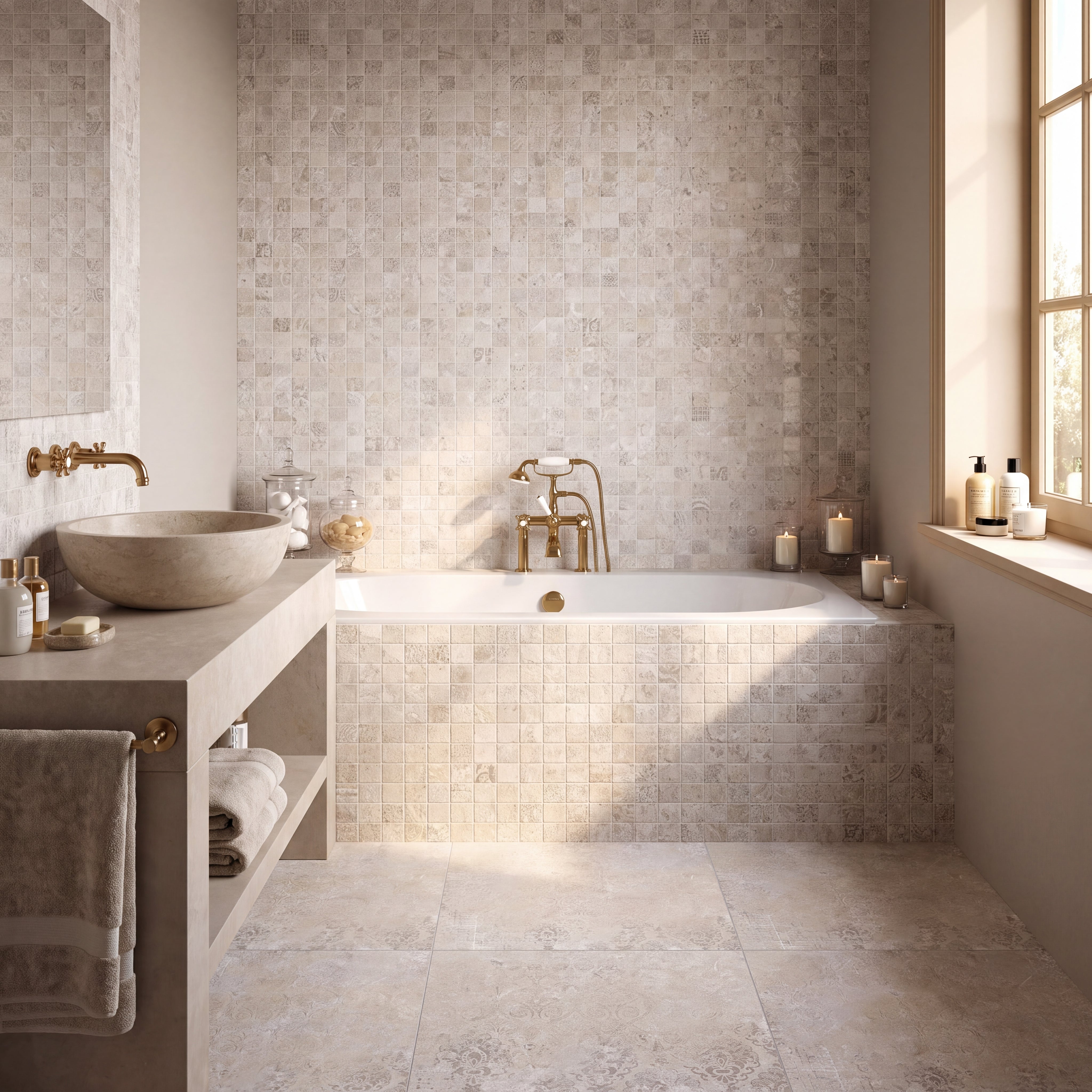 Bohemian Sand mosaic bathroom image with mosaic tiled bath and stone basin. 