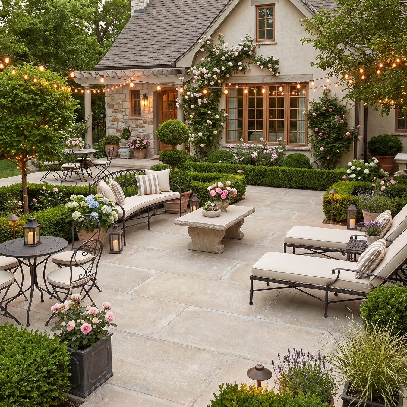 A beautifully rustic styled outdoor stone porcelain patio in front of a stone house, featuring a stone coffee table, black metal lounge chairs with cream cushions, a black dining table with chairs, and warm string lights throughout the garden.