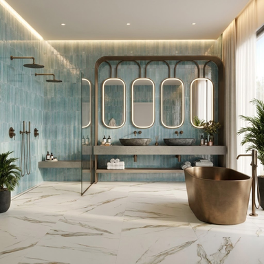 Modern bathroom with blue tiled walls, a bronze bathtub, and a vanity area.