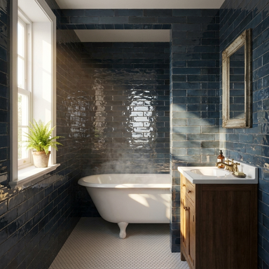 Bathroom with dark blue tiled walls, white bathtub, and wooden vanity.
