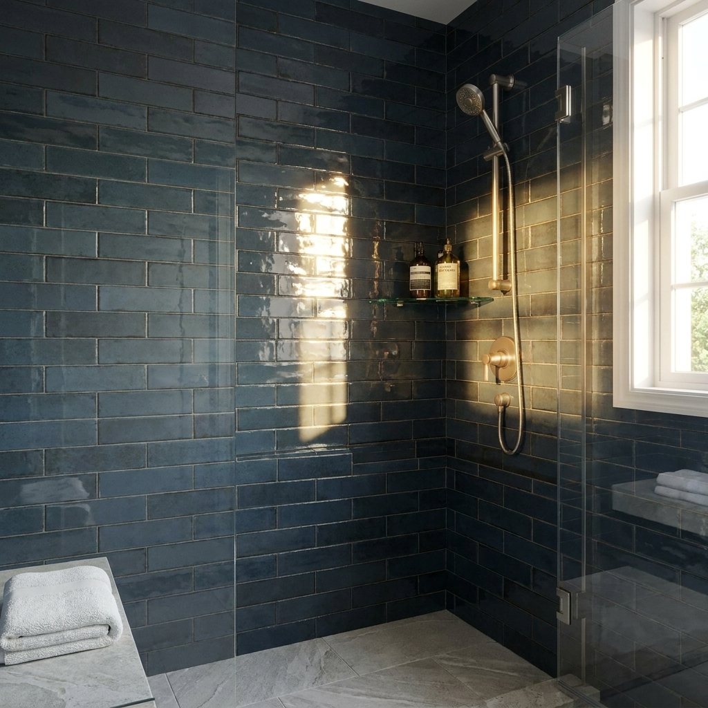 Modern bathroom with dark blue tiled walls, gold fixtures, and a window.