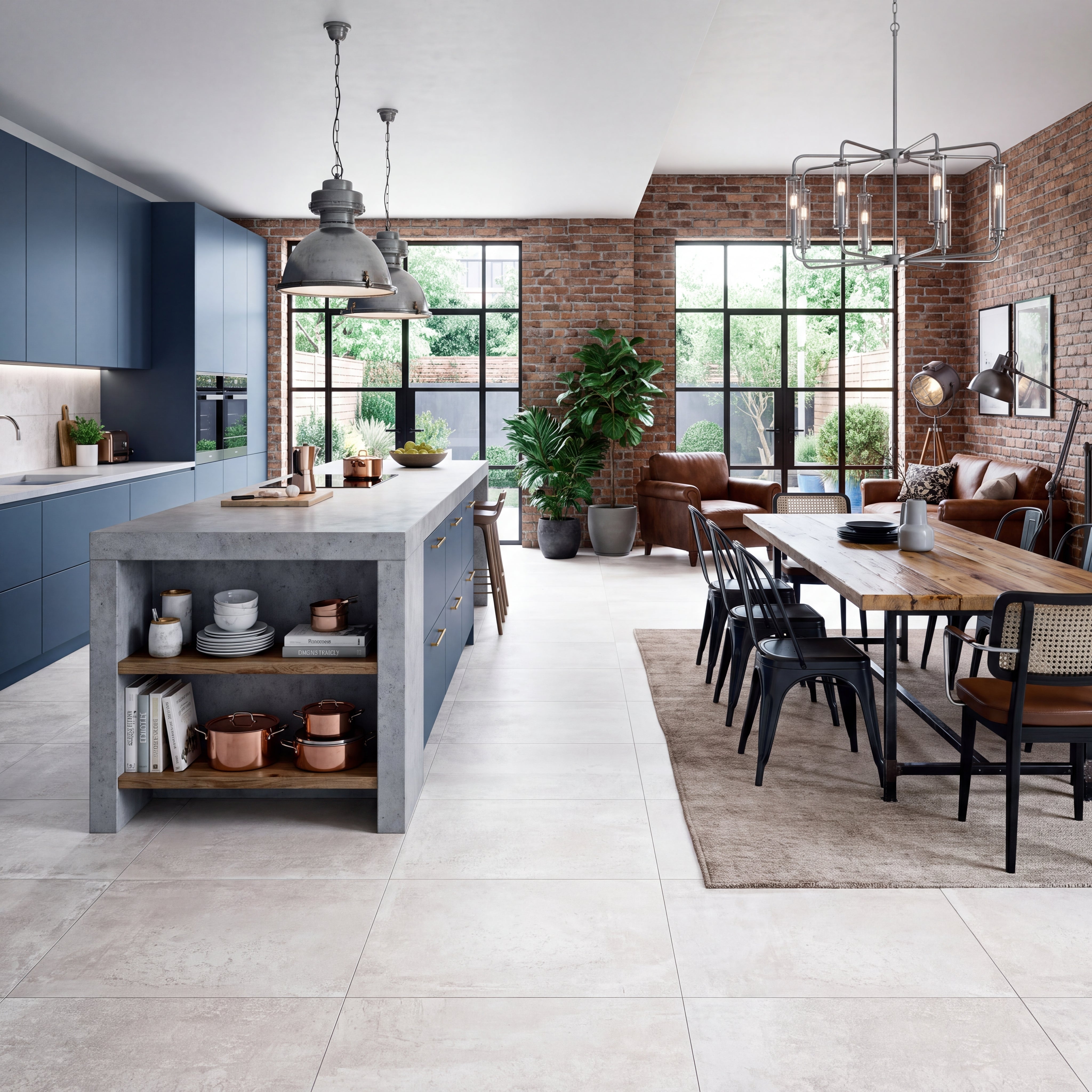 A modern open-plan kitchen and dining room interior. Large white concrete style porcelain floor tiles with a large concrete-look island, blue cabinetry, brick walls, and a dining table with black chairs on a beige rug.