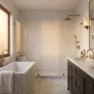 Modern bathroom with a bathtub, sink, and decorative elements.