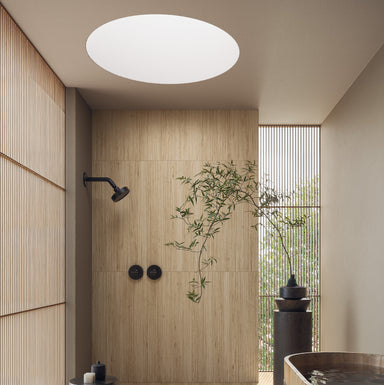 Modern bathroom with wooden tiles, a shower head, and a plant.