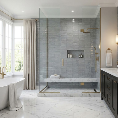Modern bathroom with glass shower enclosure, bathtub, and vanity.
