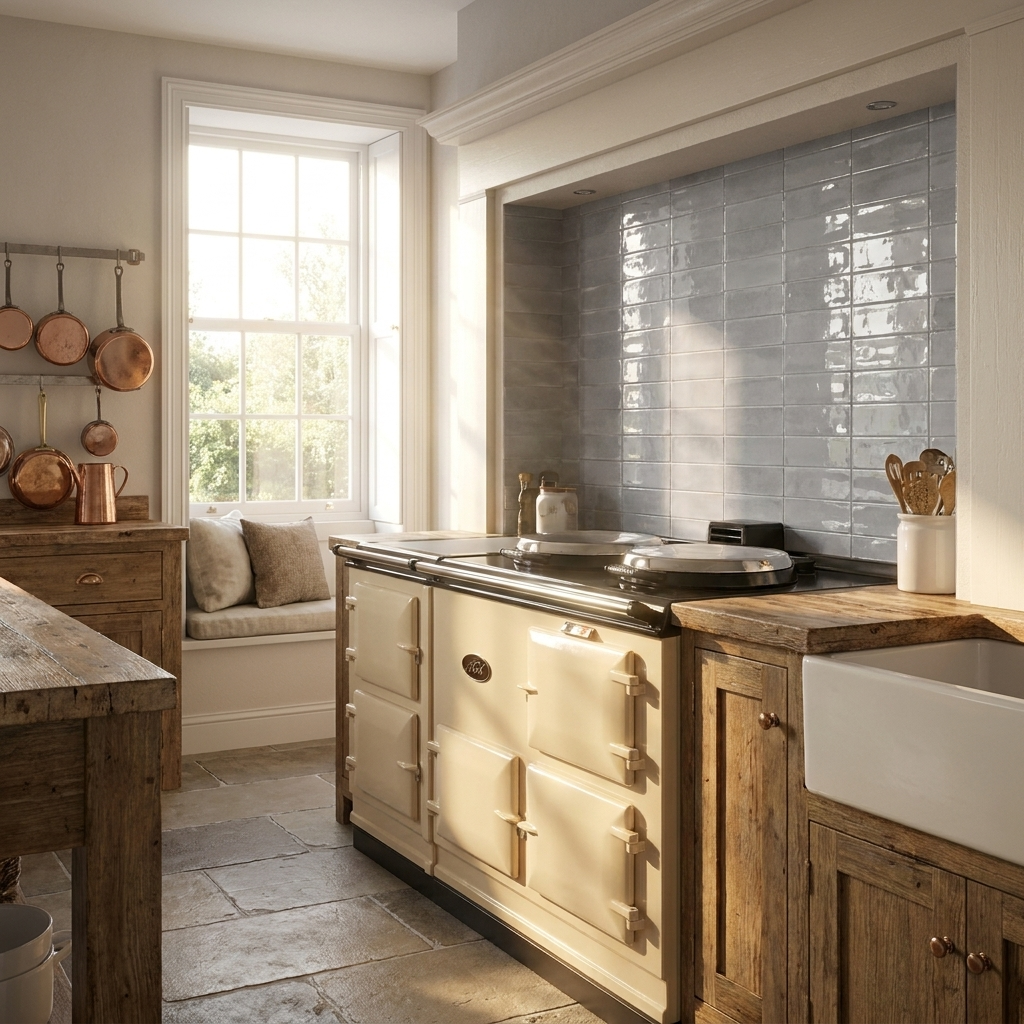 Nestle Kitchen in a rustic kitchen setting with wooden cabinets and a window.