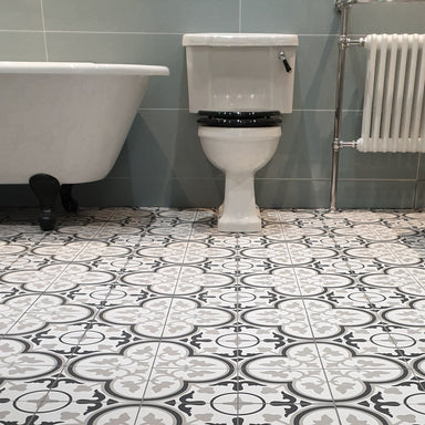 reverie 6 tile, black and white, pattern tile, porcelain tile, wall and floor tile.