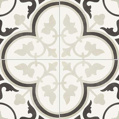 reverie 6 tile, black and white, pattern tile, porcelain tile, wall and floor tile.